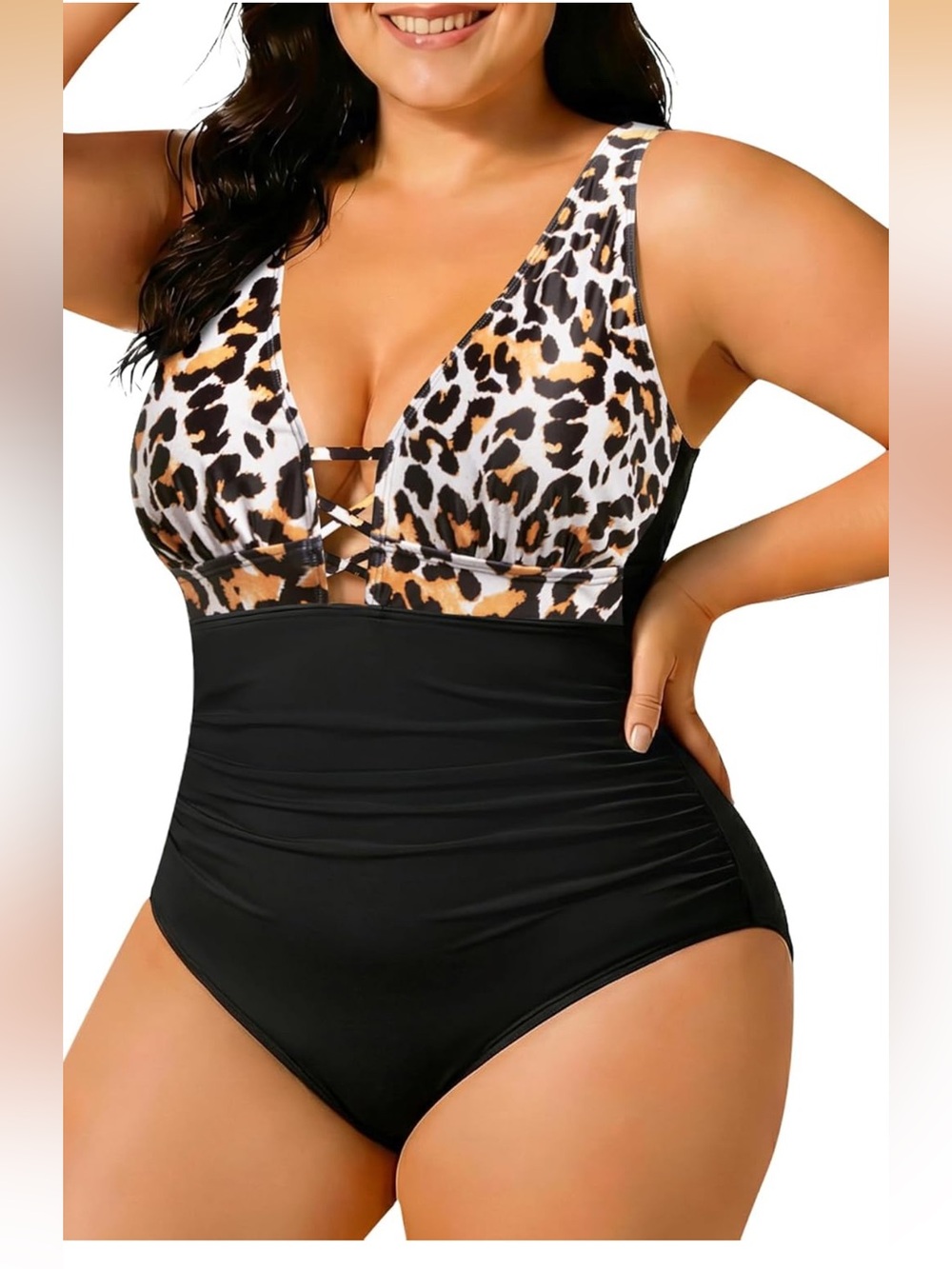 Yonique Plus Size One Piece Swimsuit Tummy Control Lace up Plunge leopard nwt